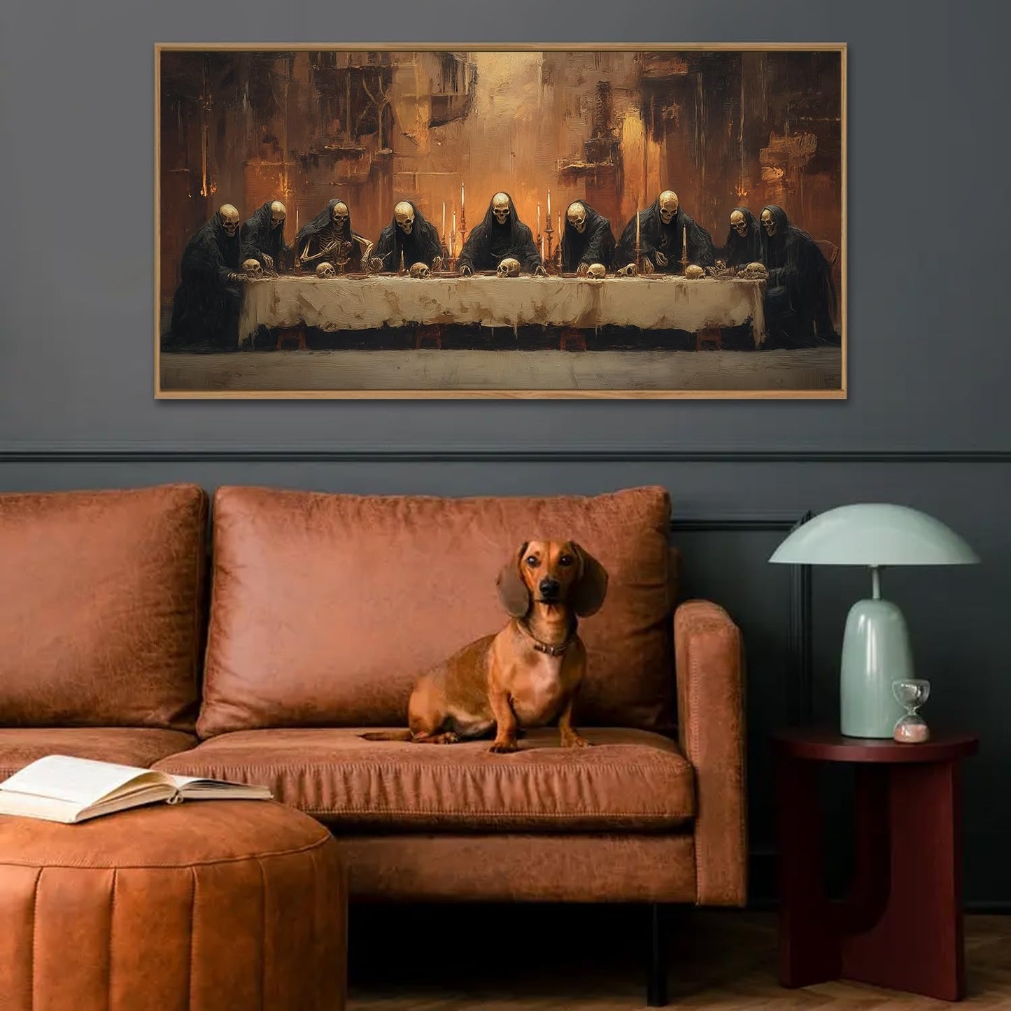 KAIRNE Framed Skeleton Canvas Wall Art,Abstract Retro Skull Print Set of 1(40”X20”),Scary Halloween Pictures,Horror Wall Art,Skeleton Last Supper Posters for Living Room Bedroom Ding Room Office Decor