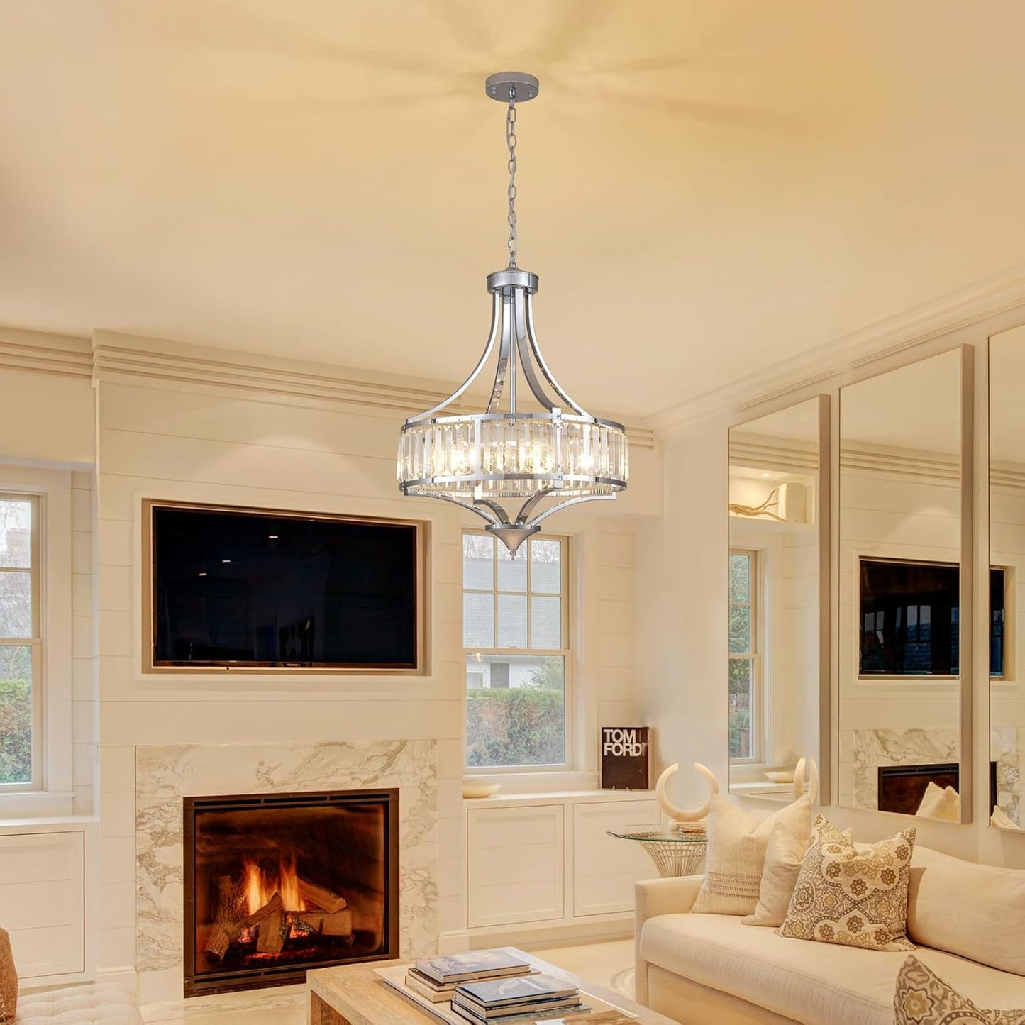 Modern Chrome Crystal Chandelier, 20 Inch Large Ceiling Pendant Light Fixture with 50'' Adjustable Hanging Chain, 5-Light Farmhouse Chandelier for Dining Room, Living Room, Bedroom, Entryway