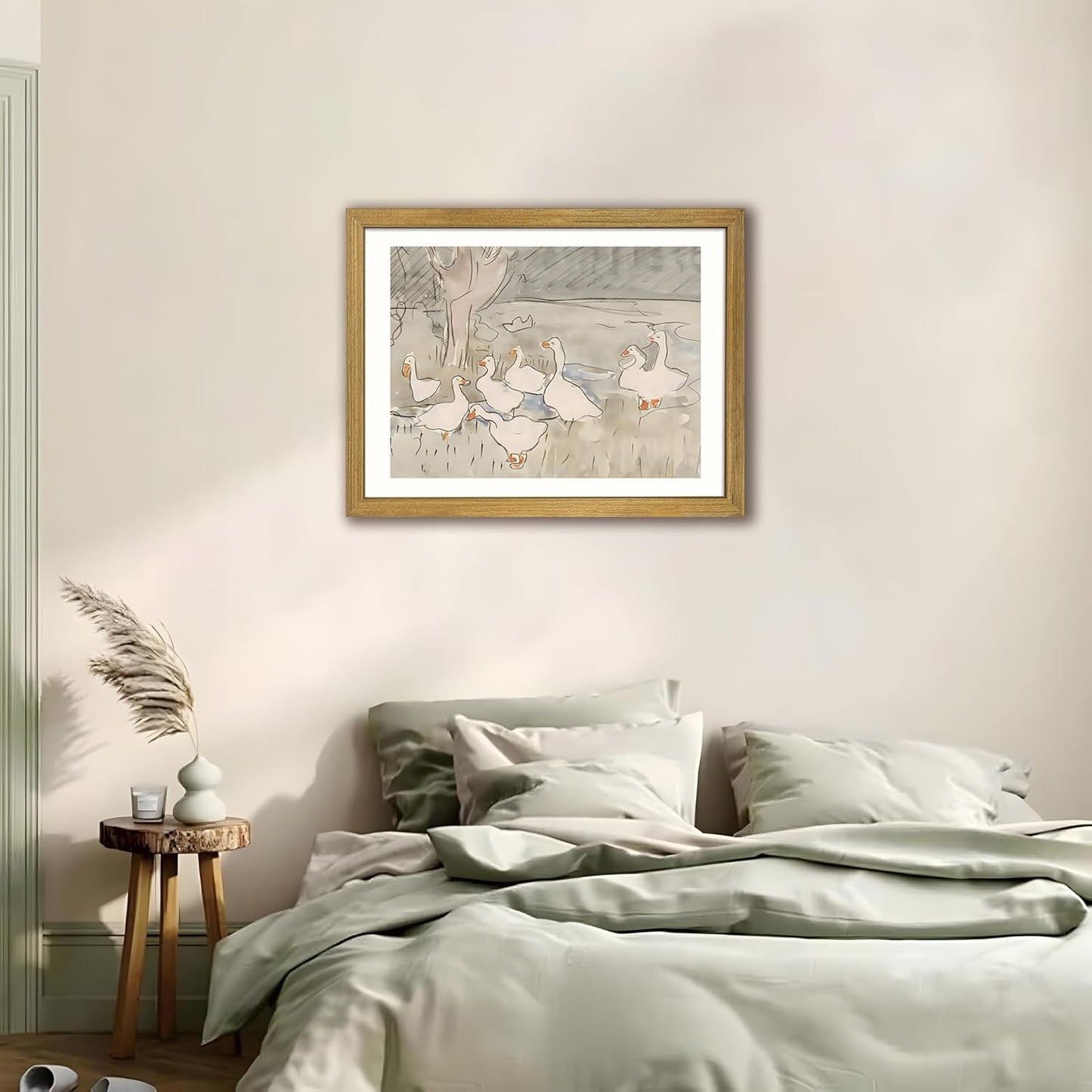 Vintage Framed Goose Wall Art Watercolor Print, Rustic Farm Duck Decor Canvas Painting, Minimalist Pastoral Poster Picture, Country Cottage Wall Decor for Living Room Kitchen Bathroom Bedroom 16x24 in