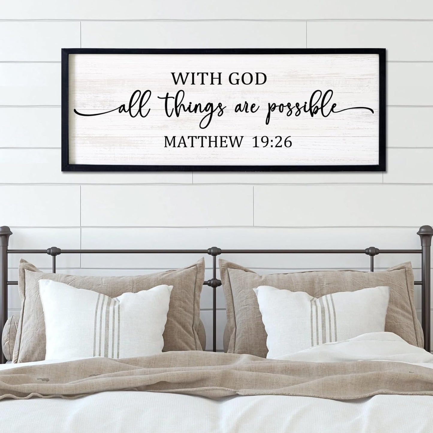 With God All Things are Possible Framed Wall Art, 40''×15'' Positive Holy Religious Rustic Bible Verse for Christian God Jesus Christ Prayer, Vintage Horizontal Inspirational Catholic Scripture Decor
