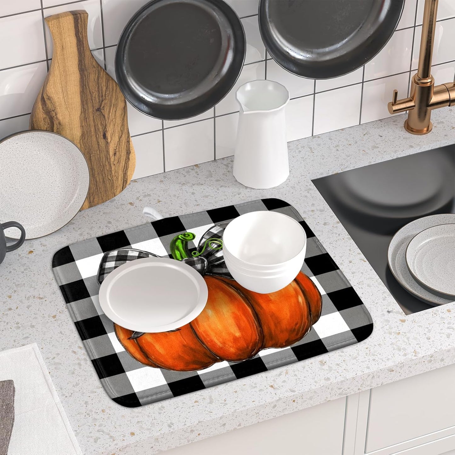 Fall Pumpkin Dish Drying Mat for Kitchen Counter Black White Buffalo Check Thanksgiving Super Absorbent Reversible Microfiber Kitchen Countertop Protector Dishes Pad Small 16x18 inch
