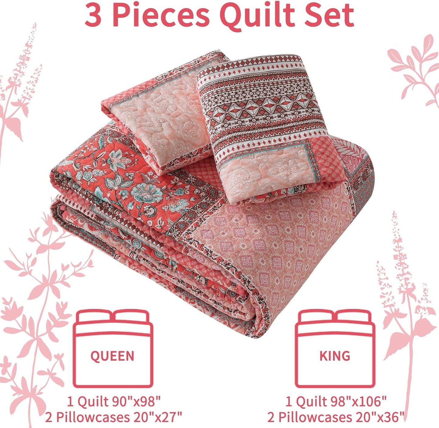 VAPUTAR Cotton Quilts Queen Size, Pink Farmhouse Bedspreads Queen Size (90 * 98 in) - 3 Pieces Lightweight Patchwork Floral Queen Quilt Bedding Set, Queen Coverlet Set Suitable for All Season