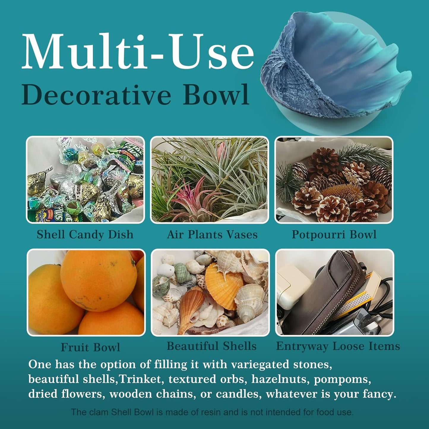 Large Caribbean Blue-Aqua Sea Shells Decorative Bowl Resin Clam Shell Bowl Beach Decorations for Home Coastal Beach Decor Decoration Storage Bowls&Home Office Nautical Themed Party Decor-10.2"-1PC