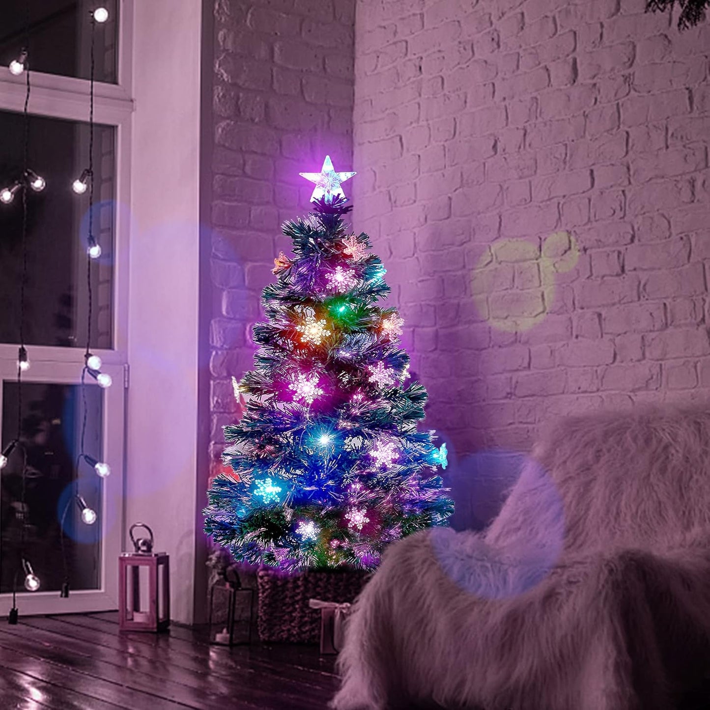 Prsildan 3 FT Artificial Christmas Tree, Pre-Lit Optical Fiber Xmas Trees with Multicolor LED Lights, Snowflakes & Top Star, Lighted Christmas Tree Holiday Home Decor