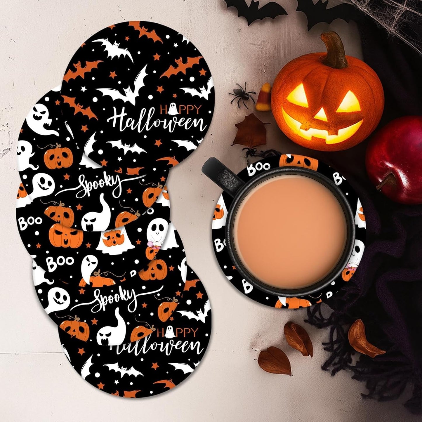 Coaster for Drinks Set of 6, Halloween Ghost Pumpkins Bats Holiday Black Absorbent Round Ceramic Stone Mat, with Cork Base and Metal Holder, Gift for Housewarming Room Bar Decor