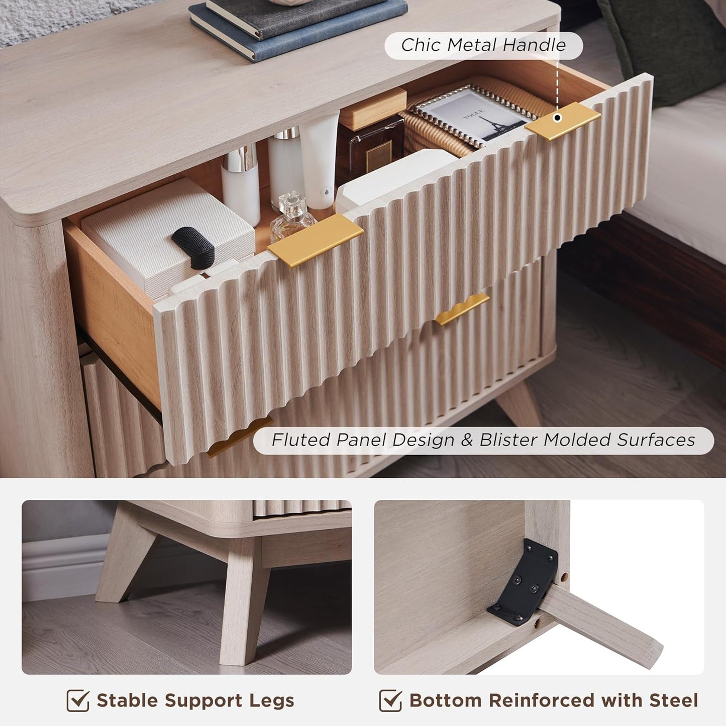 T4TREAM 32" Tall Fluted Nightstand Set of 2, Modern Side Table with 3 Drawers, End Table w/Storage, Bedside for Bedroom, Living Room, Curved Profile Design, White Alder