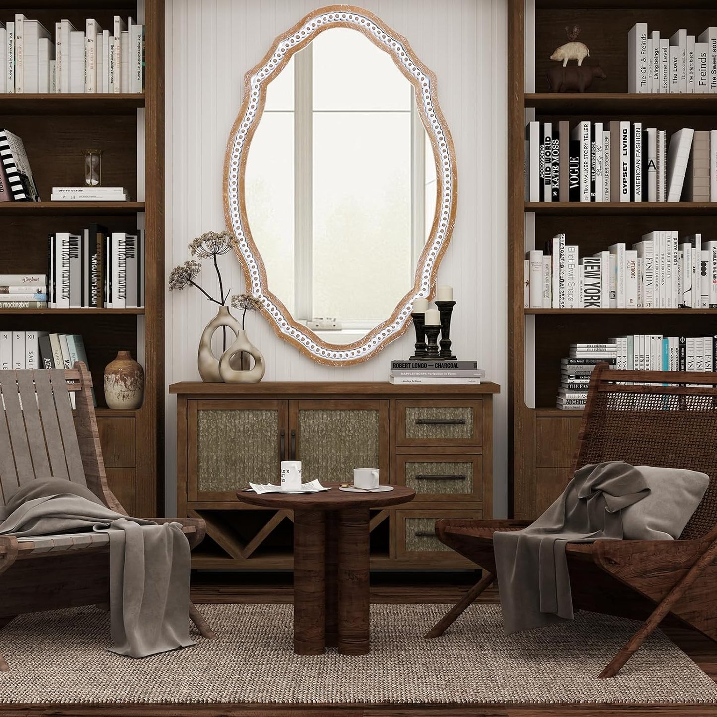 24" x 35" Wooden Farmhouse Oval Mirror for Wall Decor, Living Room, Bedroom, Bathroom Rustic Decorative Mirror for Entryway - Vertical or Horizontal Hanging