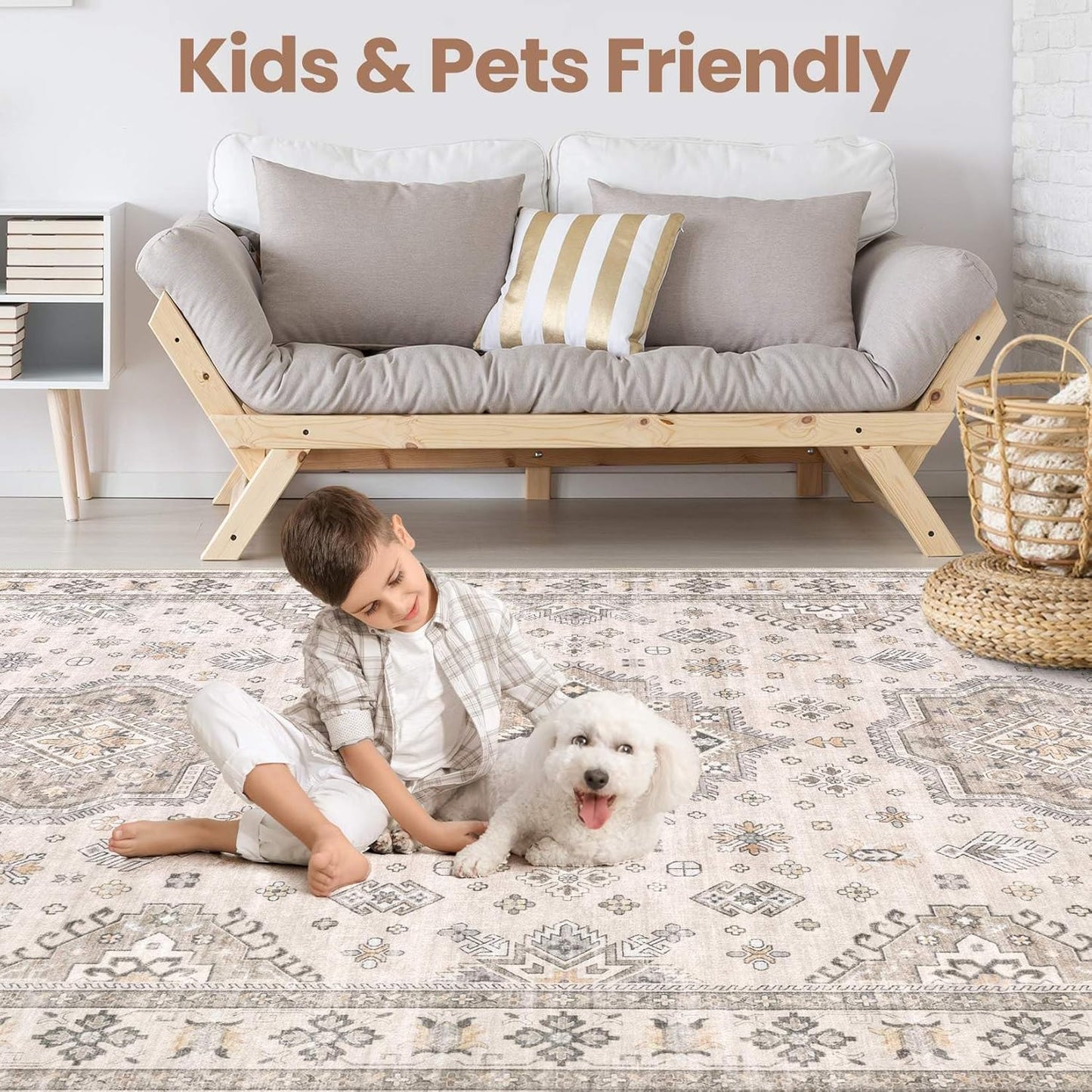 Washable Area Rugs for Living Room - 7x9 Neutral Vintage Distressed Floral Farmhouse Boho Large Soft Floor Rug Indoor Non Slip Carpet for Living Room Bedroom Dining Room Office - Beige Brown