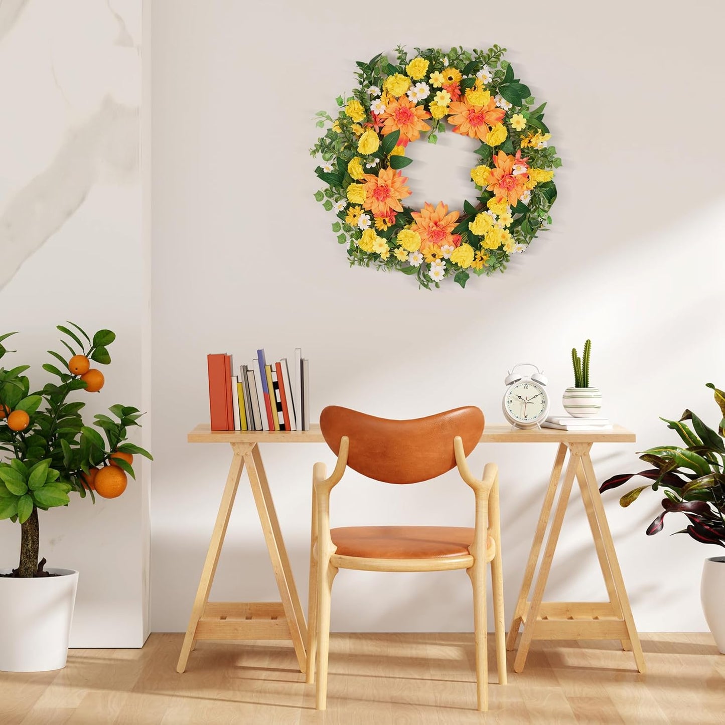 GENMOUS 24Inch Fall Wreaths for Front Door, Autumn Wreath with Dahlias and Daisy, Flower Wreath Home Decor for Autumn Thanksgiving Farmhouse Indoor Wall Window Garden Porch Fall Decor