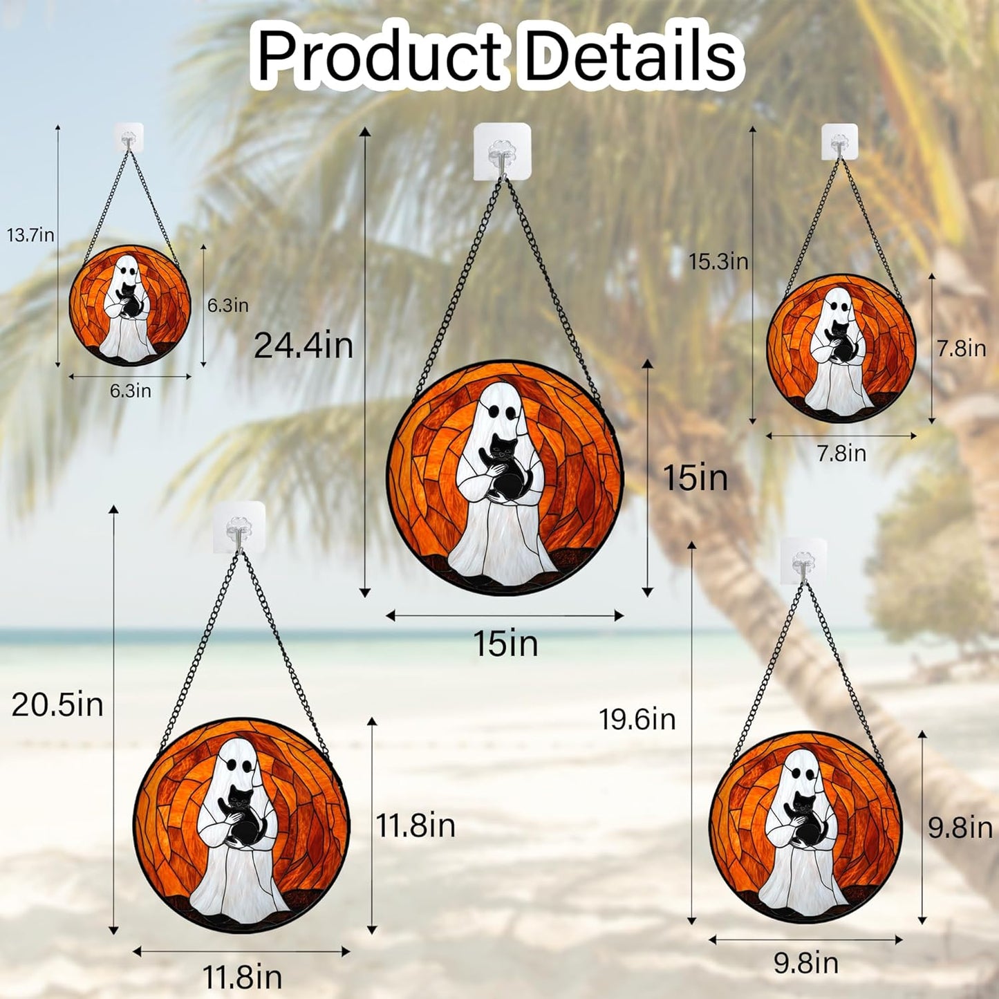 Stained Glass Window Hanging - Halloween Cute White Ghost Black Cat Suncatcher for Doors Garden Home Spooky Orange Sun Catchers Gothic Decor Horror Gift for Women Men Friend Boy Girl 7.8 in