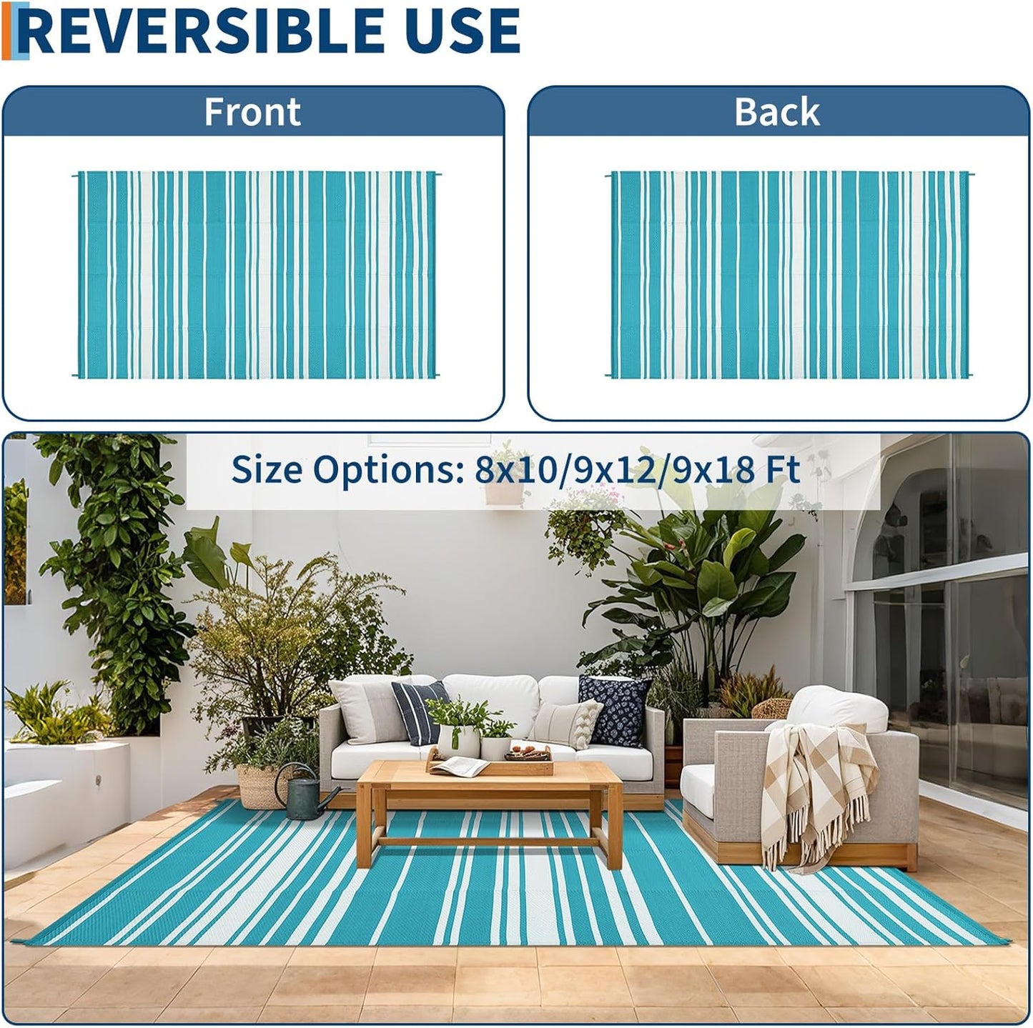 Waterproof Outdoor Rug 8x10 Contemporary Reversible Plastic Straw Rug, Easy Cleaning Striped Patio Carpet, UV-Resistant Indoor Outdoor Floor Cover for RV, Porch, Deck, Backyard, Light Blue