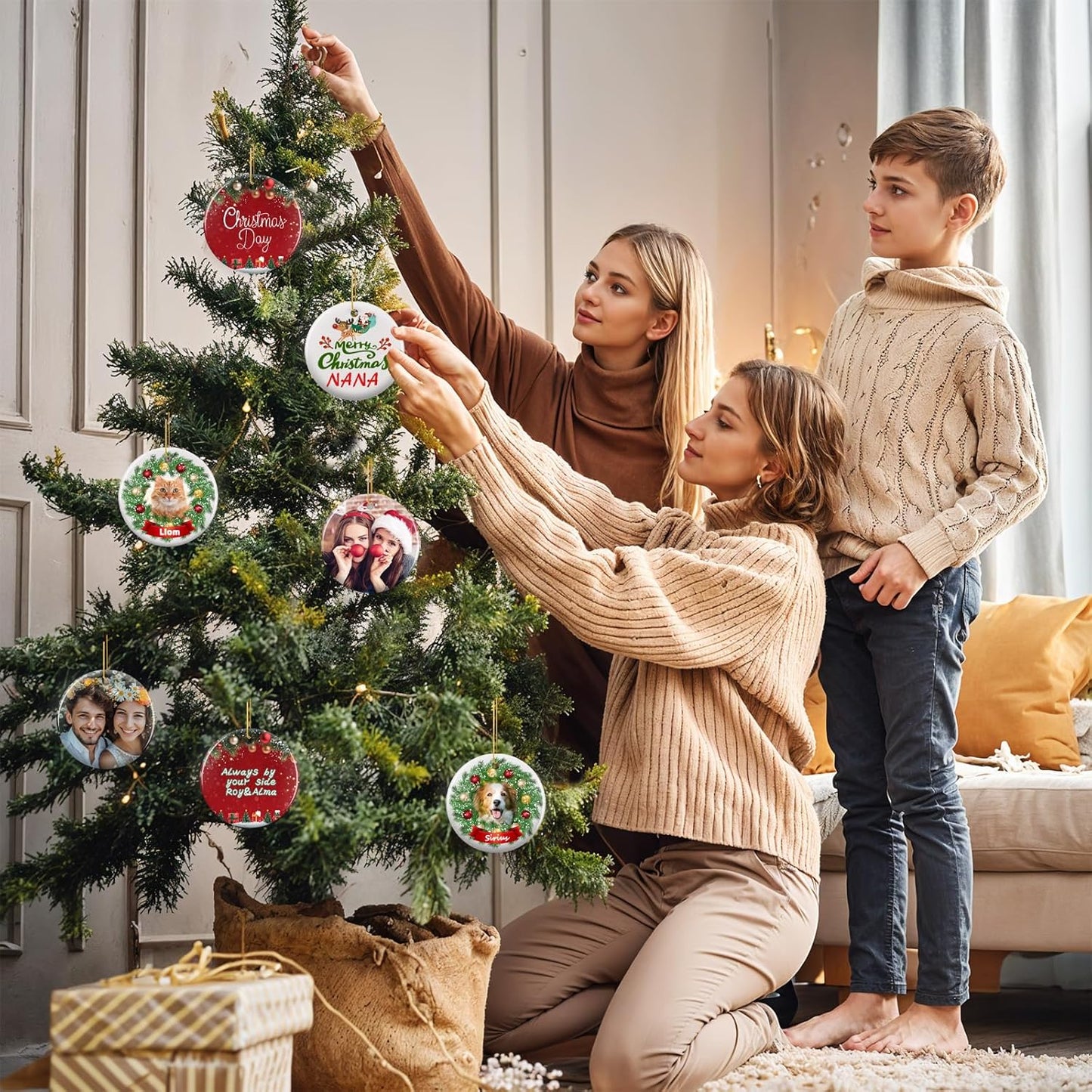 Personalized Christmas Ornaments 2025 - Custom Double-Sided Photo Ceramic Xmas Tree Hanging Decor, Unique for Family Friends (A04-Ceramic Style)