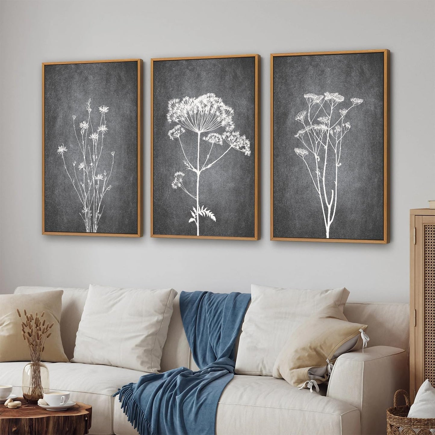 Tinonedraw Black and White Botanical Framed Canvas Wall Art Set, Vintage Floral Wall Decor, Dark Academia Minimalist Plant Art Paintings, Abstract Wildflower Art Print for Living Room Bedroom 16"x24"x3