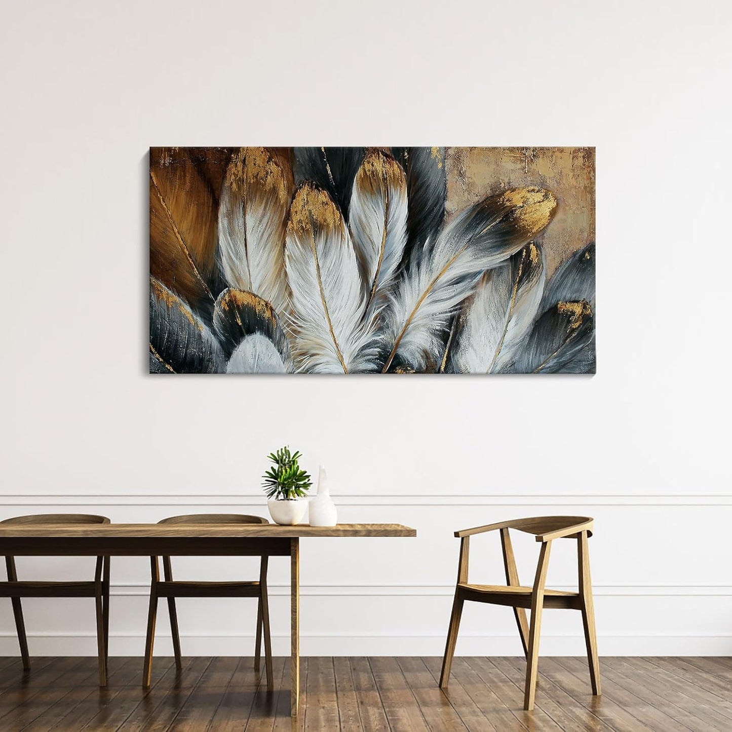 Feather Canvas Wall Art Modern Living Room Bedroom Wall Decoration Large Giclee Print Canvas Painting Artwork for Home Decor One Piece White Gold Brown Feather Picture Ready to Hang 58x29 Size