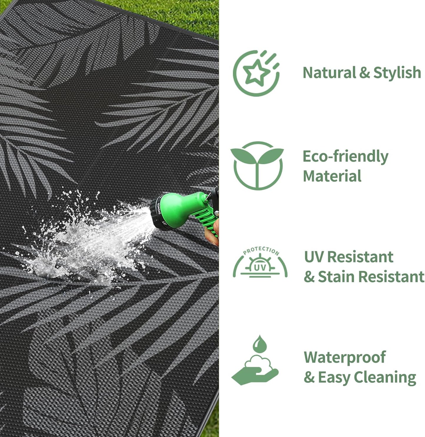 GENIMO Outdoor Rug 10' x 14' Waterproof for Patios Clearance, Reversible Outdoor Plastic Straw Camping Rug Carpet, Large Area Rugs Mats for RV, Camper, Deck, Balcony, Porch, Beach, Picnic, Black&Grey
