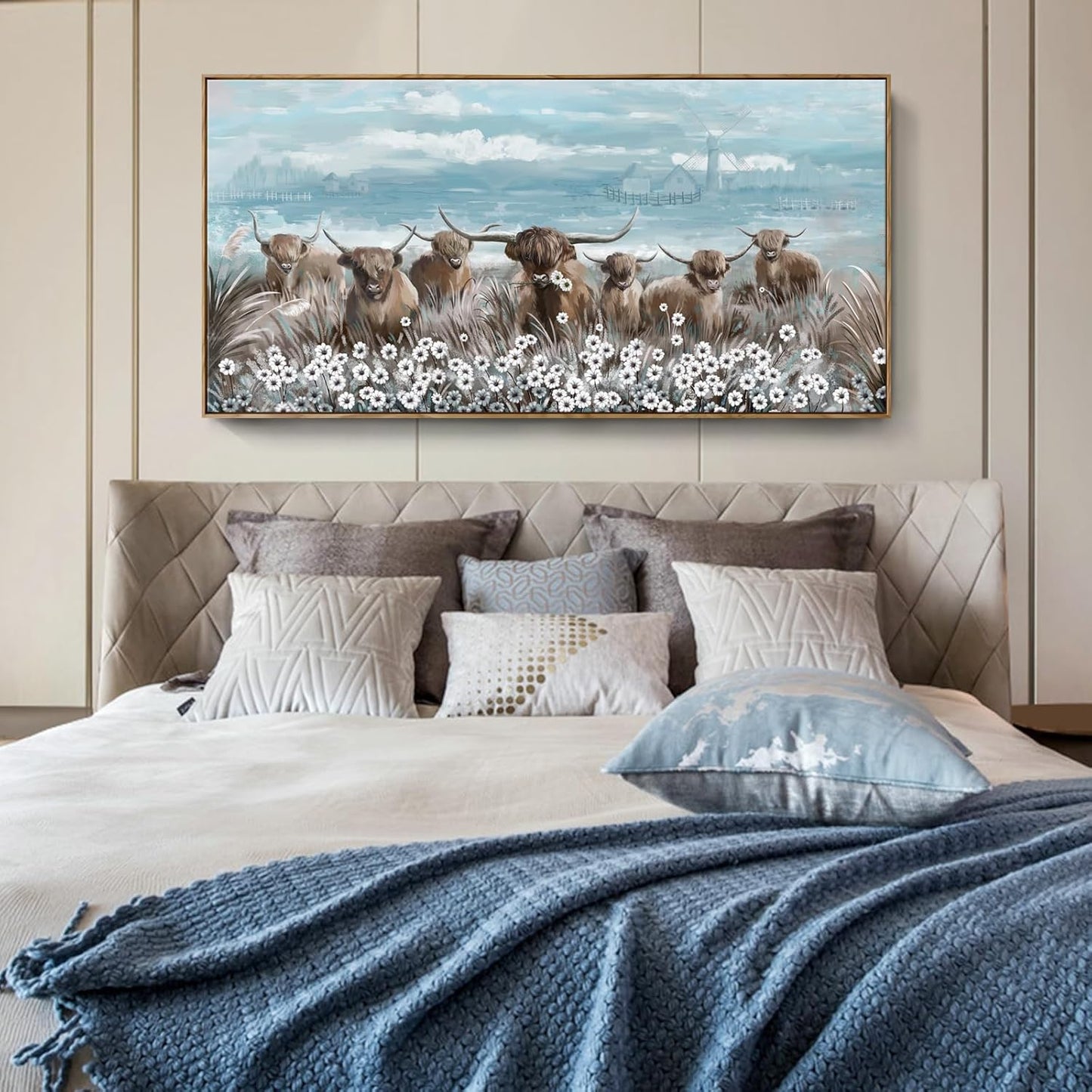 Extra Large Framed Wall Art for Living Room Big Boho Farmhouse Highland Cow Canvas Artwork Flower and Animal Picture Rustic Coastal Blue and Brown Decor for Office Bedroom Kitchen