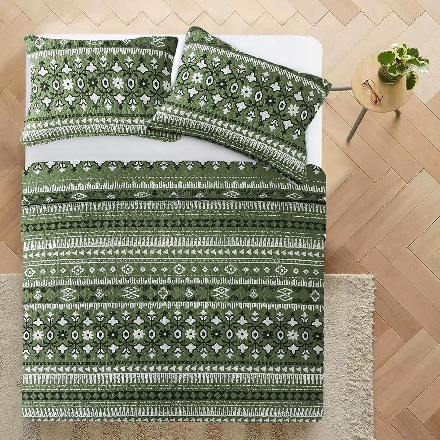 VAPUTAR Reversible Quilt Bedding Set - Queen Size (90 * 98 in) - All-Season Lightweight Coverlet with Boho Stripe Pattern, Boho Bedspread Sets, 3 Pieces/Green
