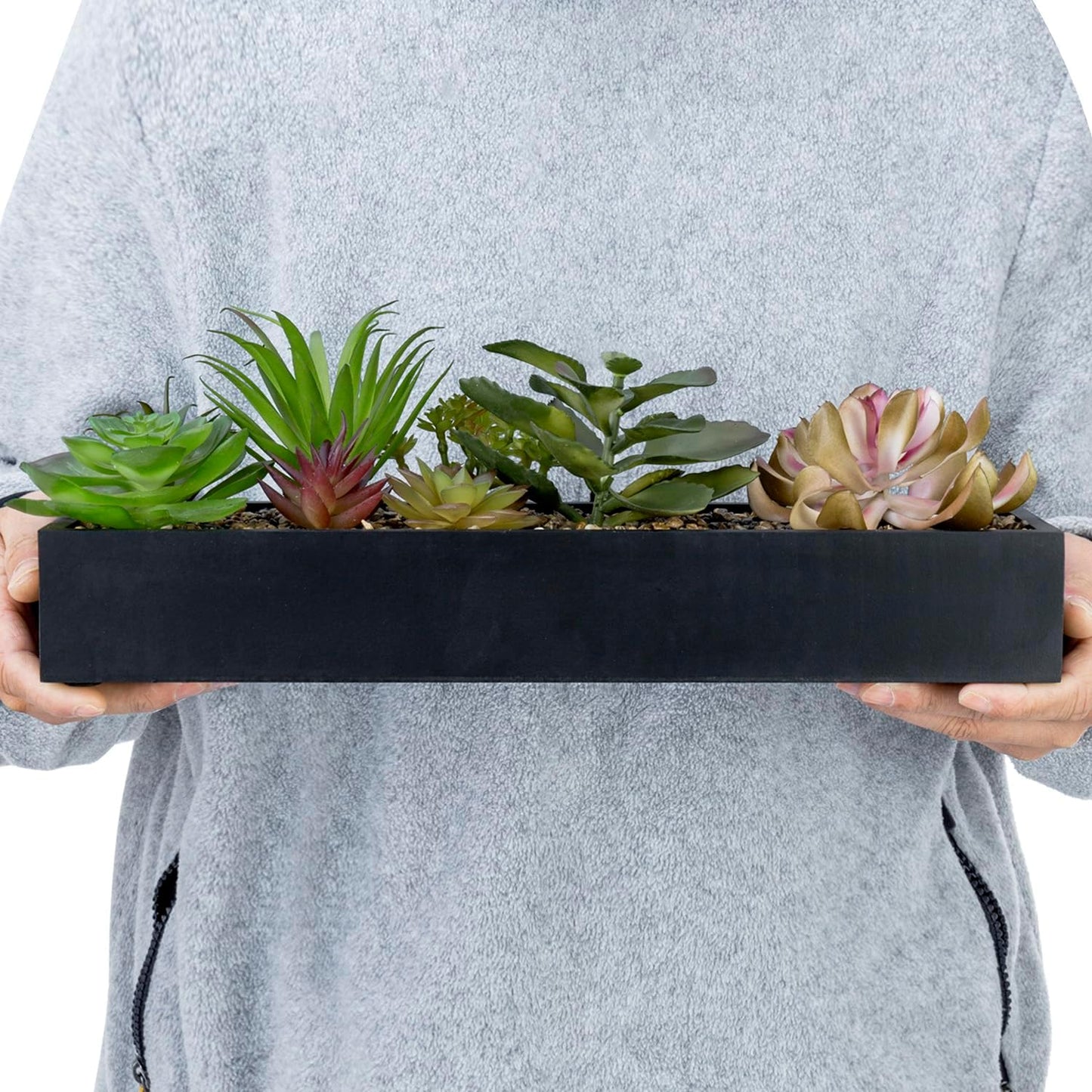 MyGift Artificial Assorted Succulent Arrangement in Rectangular Black Wood Planter Box, Fake Plant Decor