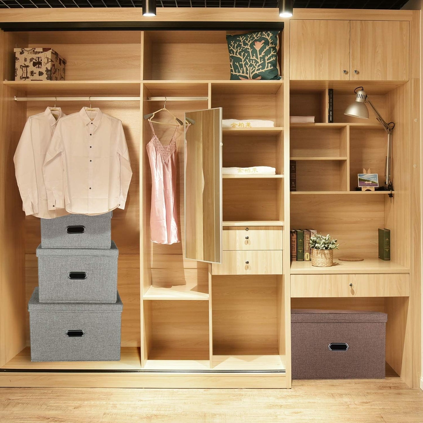 Large Linen Fabric Foldable Storage Bins with Removable Lid and Handles, Washable Storage Box Organizer Containers Baskets Cube with Cover for Bedroom,Office(Black, Medium(2-Pack))