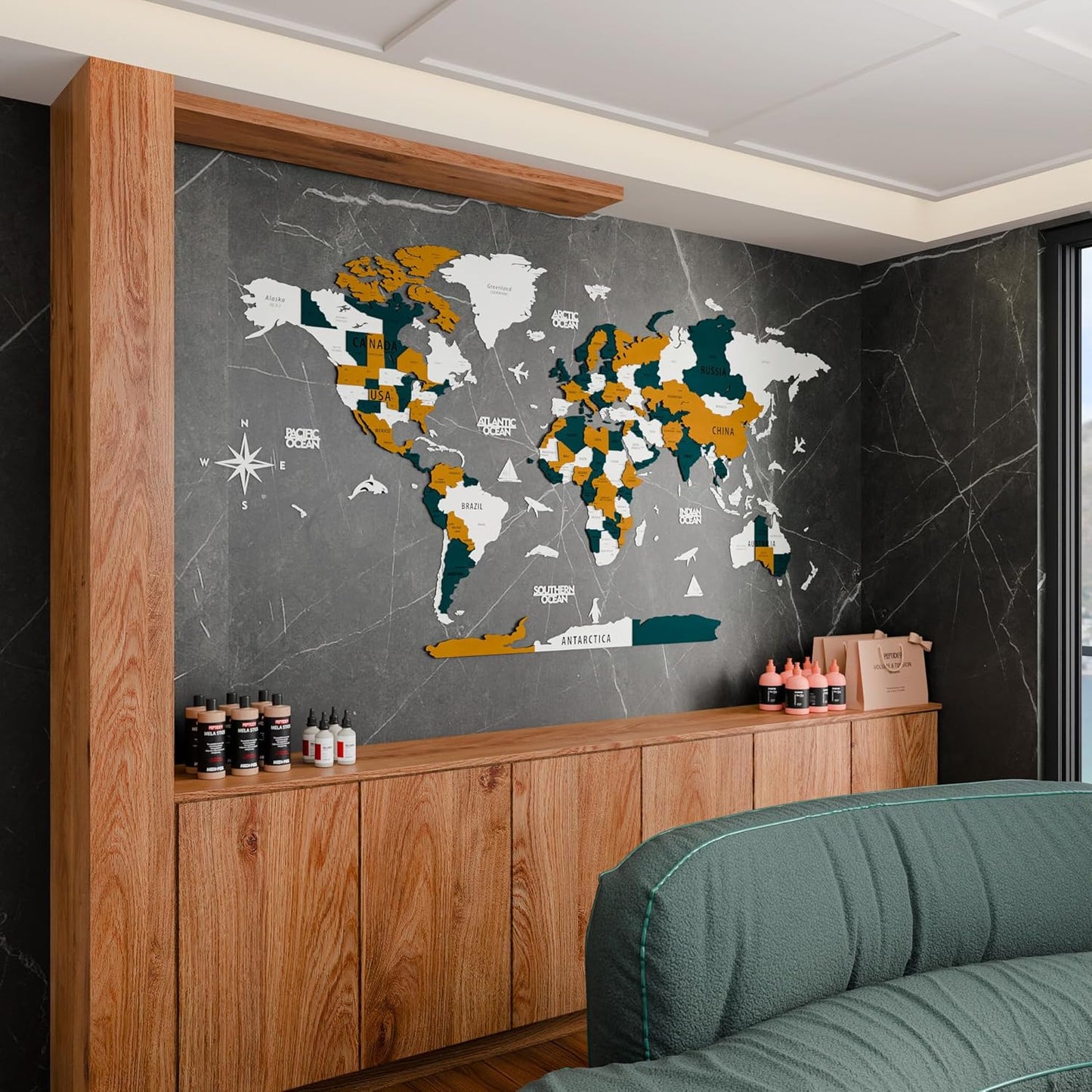Colorfull Worlds 3D Wooden World Map Wall Art | Unique Wall Decor with Pins for Travel Enthusiasts | Home and Office Wall Décor | Gold-Blue | Large