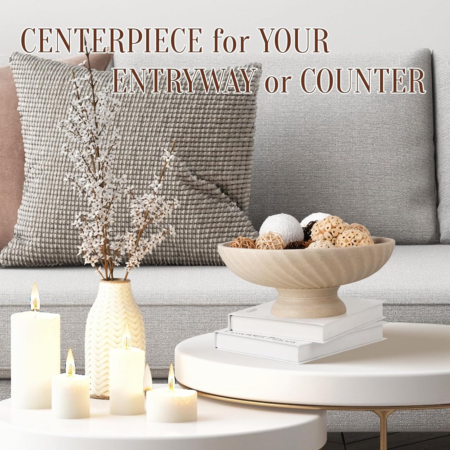 Large Resin Pedestal Decorative Bowl - Modern Fruit Bowl for Kitchen Counter - Handicraft Bowls for Home Decor - Key Bowl for Entry Table,Artificial Stone Beige