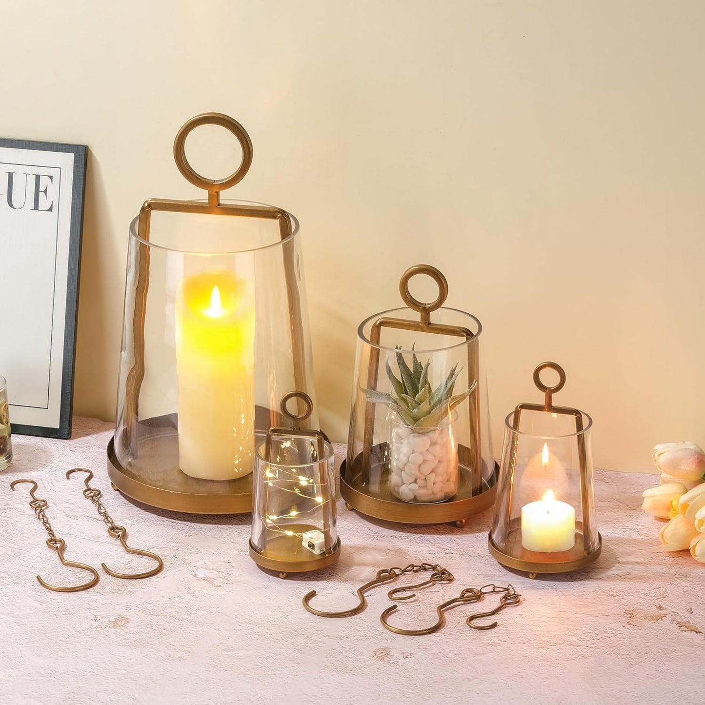 9" Wide Modern Farmhouse Metal Hurricane Candle Holder with Handmade Sturdy Glass Sleeve in Antique Brass for Pillar Candle & Plants, Hurricane Lantern, Industrial, Minimalistic (1, Brass, 9"x14")