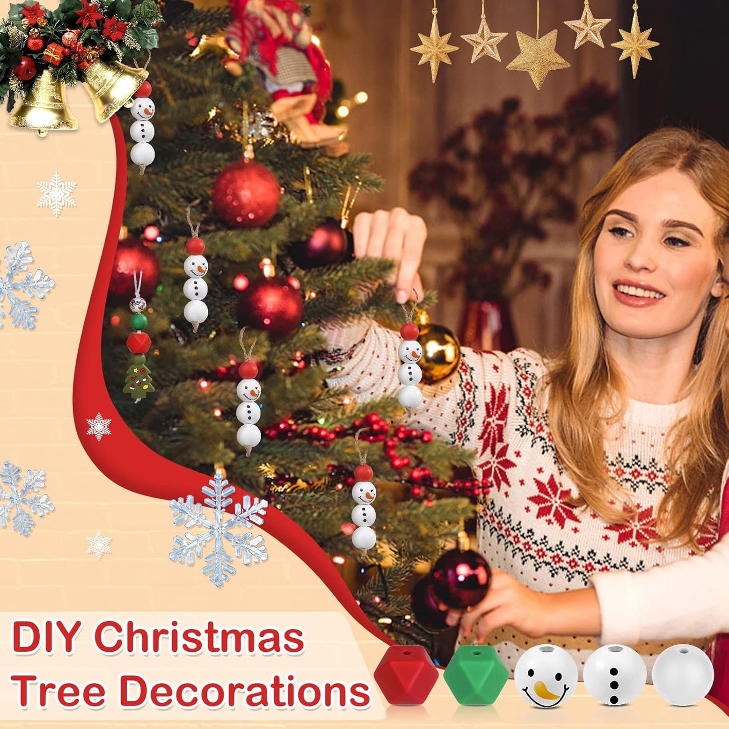 178 PCS Christmas Silicone Beads, Ornament Loose Beads Bulk with Xmas Santa Christmas Tree Silicone Beads Lanyard Snowman Wooden Beads Round Polished Spacer Bead for Decor DIY Jewelry Craft