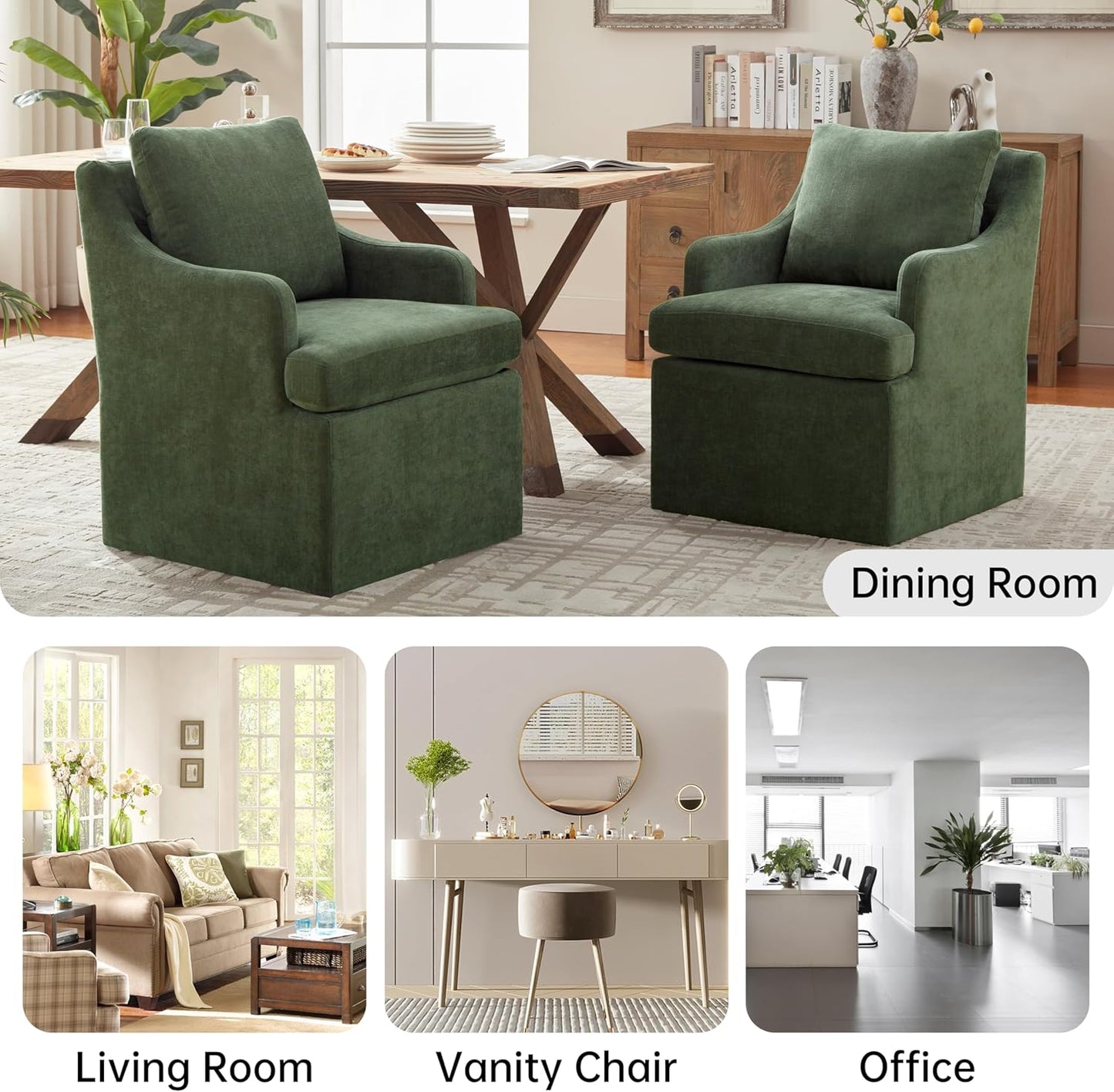 VKNOW Upholstered Dining Chairs Set of 2, Modern Kitchen Chair Dinner Chairs with 4 Casters, Linen Armchair for Bedroom Reading Room, Green