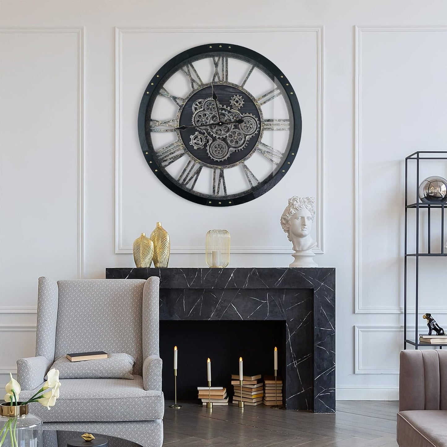 27 Inch Moving Gear Wall Clock, Oversized Wall Clocks, Clock Living Room Decor, Solid Wood Frame, Battery Operated, Large Wall Clock with Steampunk Industrial for Fireplace(Black)
