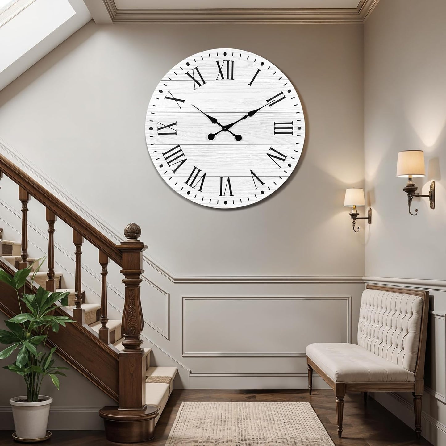 Large Wall Clock with Roman Numeral, 35” Shiplap Wall Clock Farmhouse Nearly Non-Ticking, Round Clock for Living Room Decor, Office, Bedroom, Entrance, White