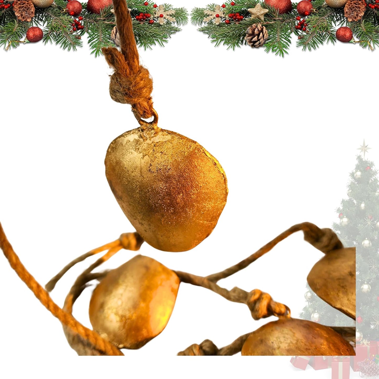 Harmony 5 Cow Bells Cluster on Rope - Large Rustic Vintage Lucky Cow Bells On Rope Wall Hanging Decor