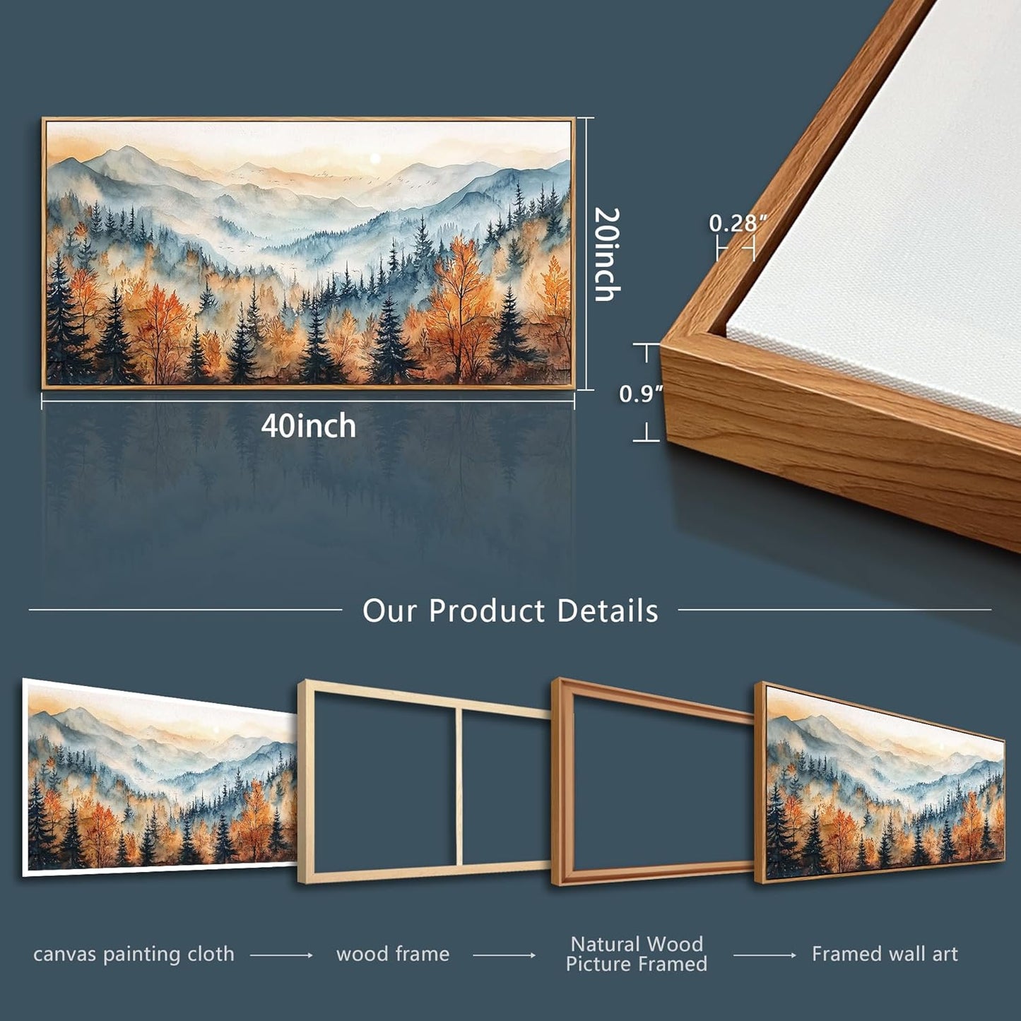 KELIYUAN Panoramic Wall Painting Canvas Wall Art For Living Room Large Wall Decor For Bedroom Abstract Mountain Forest Painting Pictures Office Decor Modern Room Home Decor Wood Framed 20"X40"