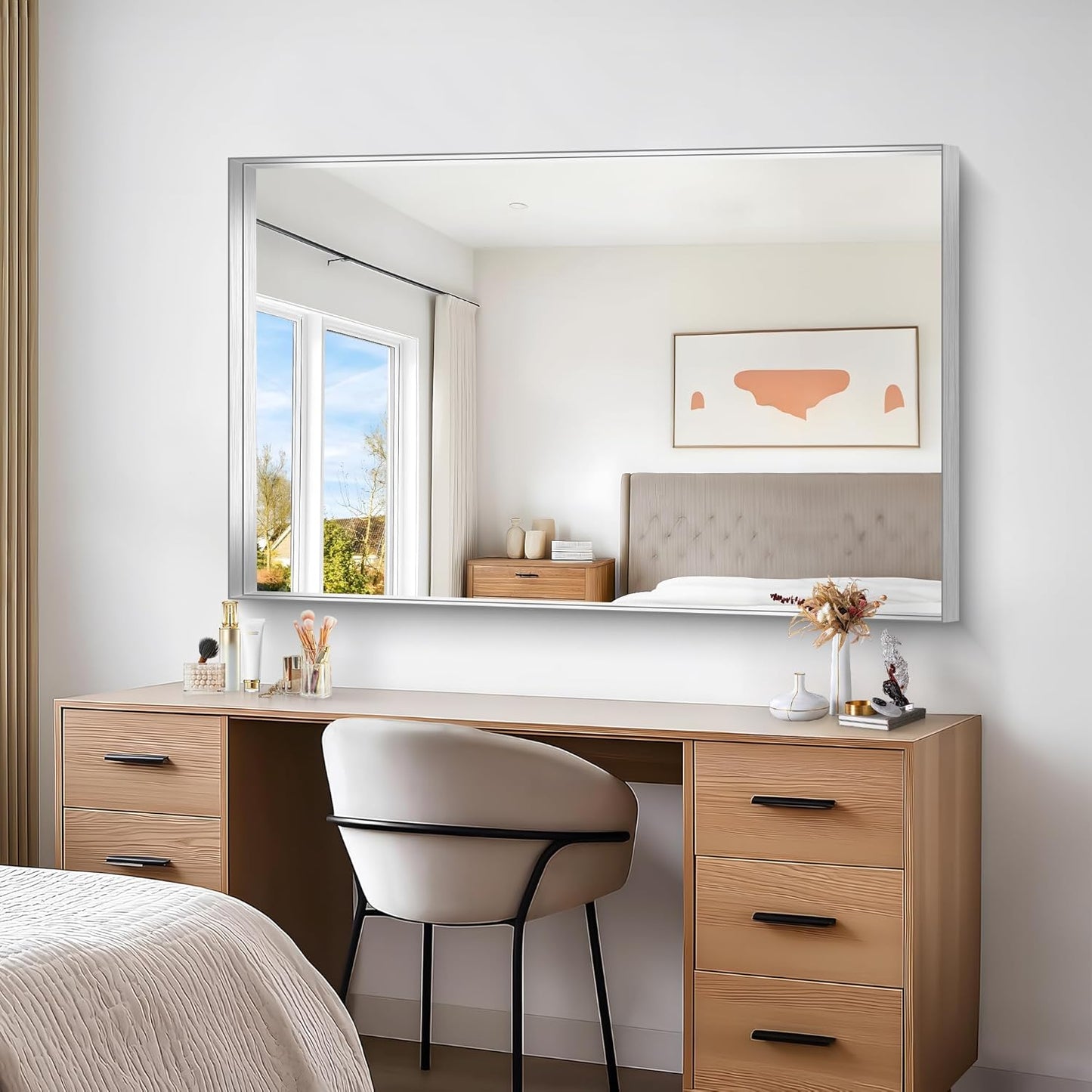 Silver Bathroom Mirror, 36x55 Inch Rectangular Deep Frame Mirror, Large Wall Mounted Bathroom Vanity Mirror Over Sink for Bedroom,Restroom, Living Room, Hangs Vertically or Horizontally