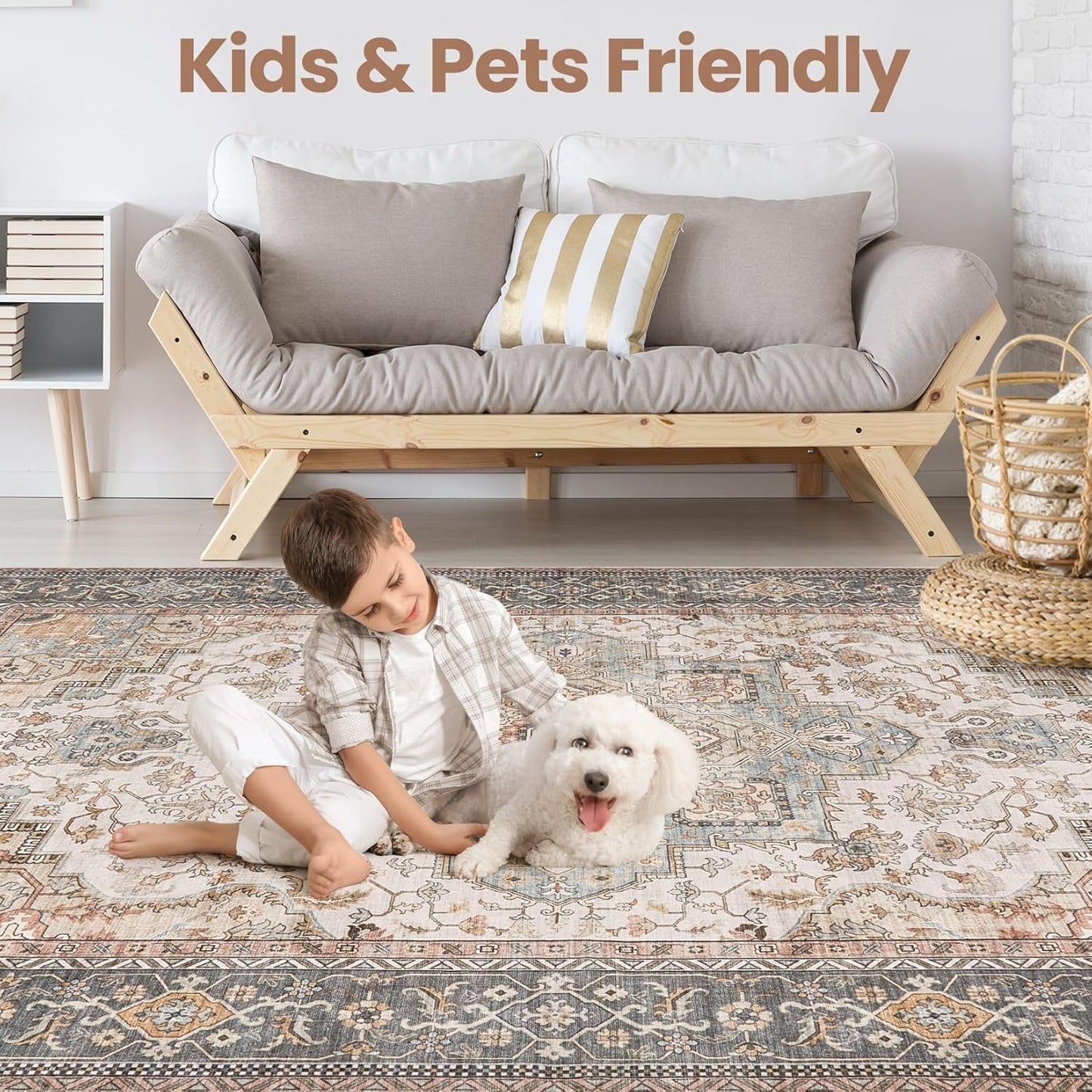 Washable Area Rugs for Living Room - 8x10 Neutral Vintage Distressed Floral Farmhouse Boho Large Soft Floor Rug Indoor Non Slip Carpet for Bedroom Dining Room Office -Forest Green Orange