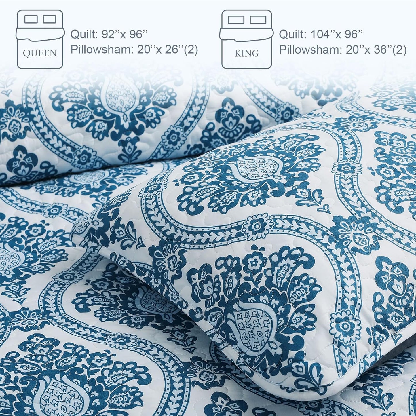 Exclusivo Mezcla Reversible Boho Quilt Set King Size, 3 Pieces Damask Blue All Season Bedspreads, Ultra Soft Floral Coverlet Bedding Set with Printed Pattern (1 Quilt, 2 Pillow Shams)