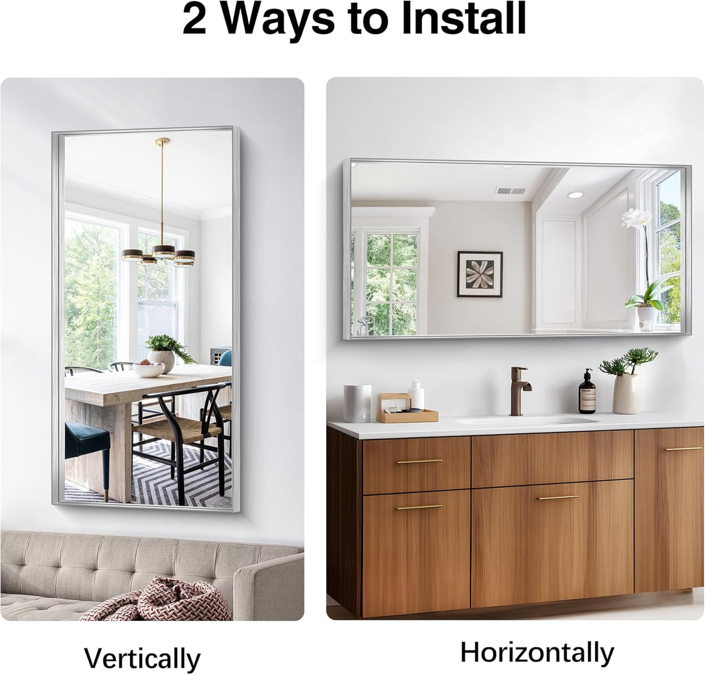 Silver Bathroom Mirror, 24x48 Inch Rectangular Framed Mirror, Large Wall Mounted Bathroom Vanity Mirror Over Sink for Bedroom,Restroom, Living Room, Hangs Vertically or Horizontally