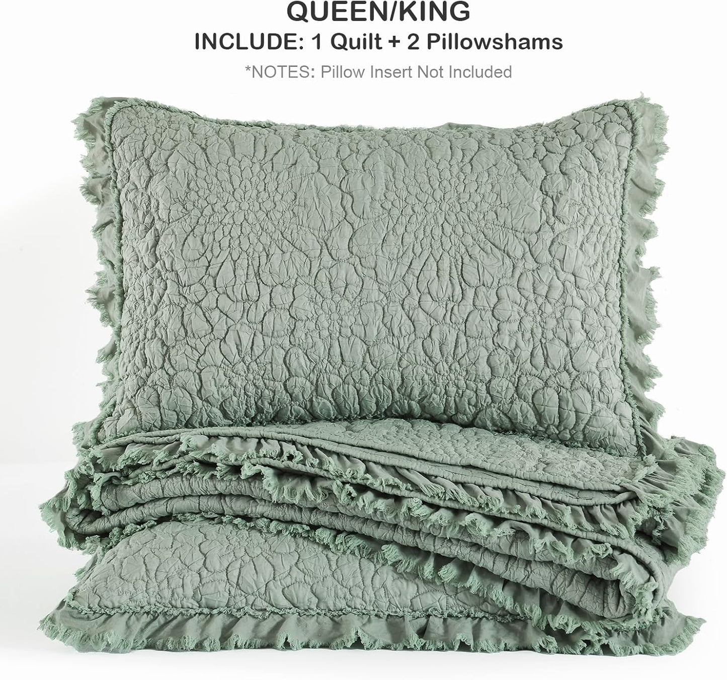 HORIMOTE HOME Sage Green Ruffled Quilt King Size, Stone-Washed Microfiber Lightweight Crinkled Farmhouse Rustic Shabby Chic Bedding Set, 3 Pieces Reversible Bedspread with Pillow Shams for All Season