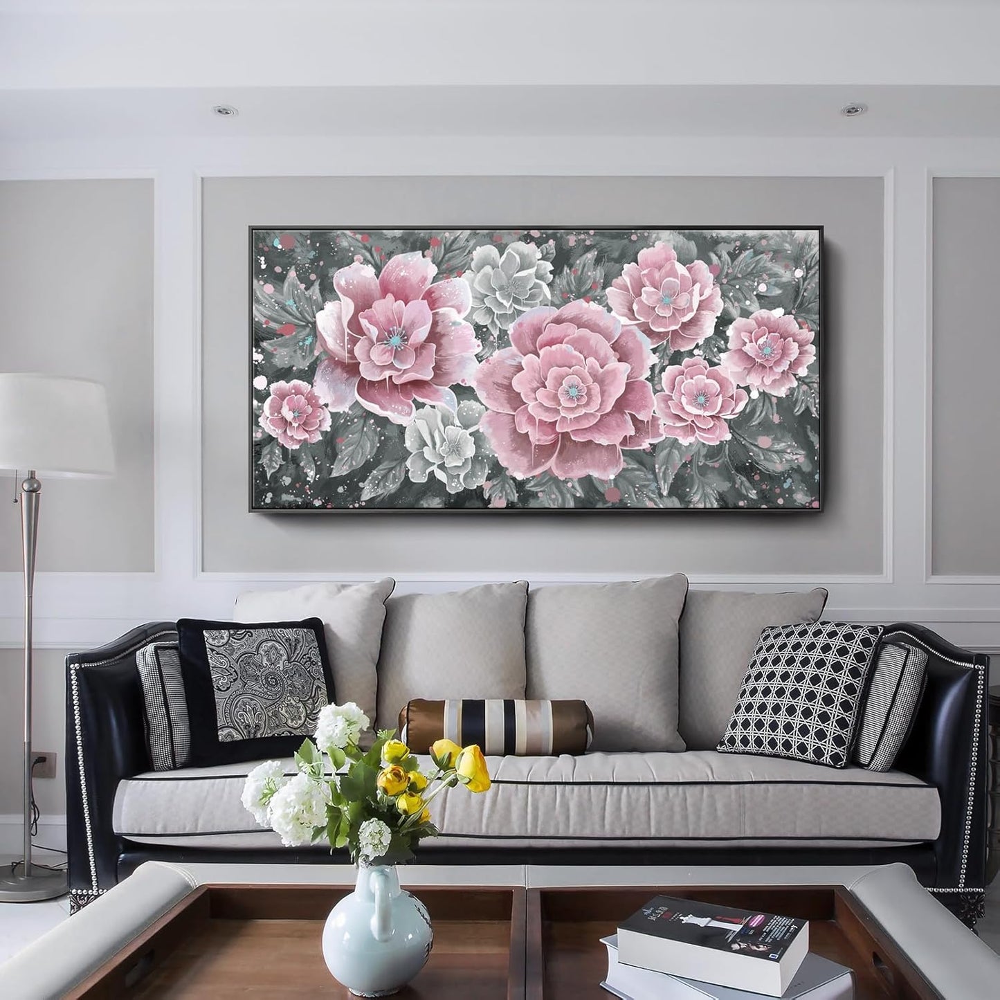 Oversized Framed Wall Art, Pink Flower Canvas Print Modern Pink & Grey Peony Blossom Artwork Extra Large Wall Picture Floral Decor for Living Room Bedroom Dining Room Office Home Decor