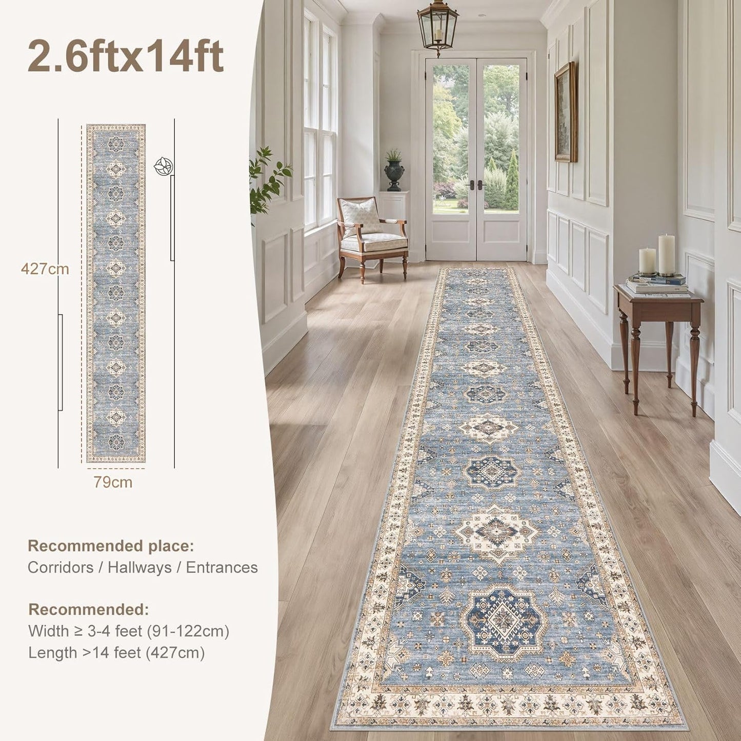 Washable 2.6x14 Runner Rug - Area Rugs Neutral Vintage Distressed Floral Farmhouse Boho Large Soft Floor Rug Indoor Carpet for Hallway Entryway Home - Blue