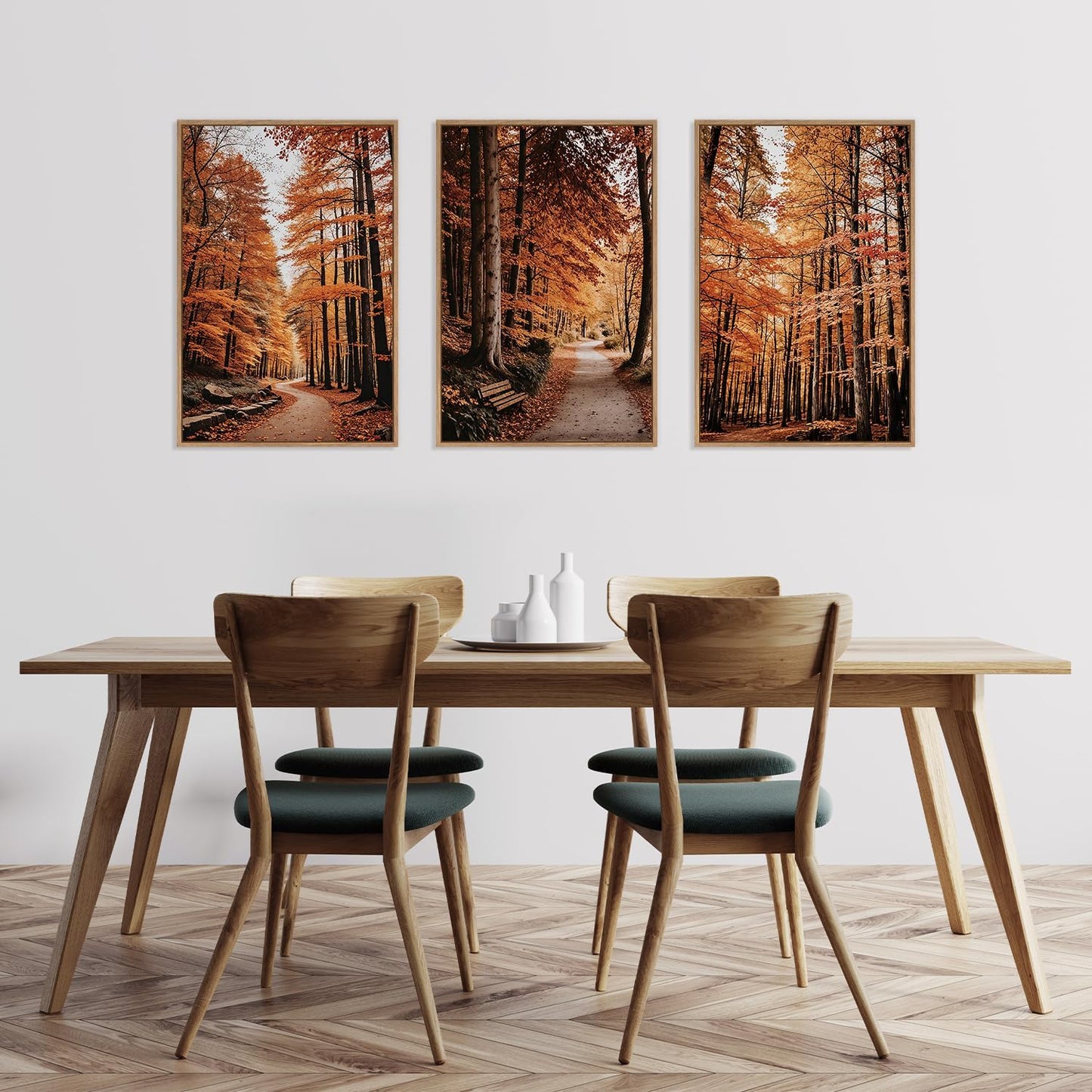 HLNIUC Autumn Forest Framed Canvas Wall Art,Fall Nature Pictures Wall Decor Set of 3(16”x24”) Large Maple Trees Trail Scenery Wall Painting,Modern Fall Landscape Art Print for Living Room,Bedroom