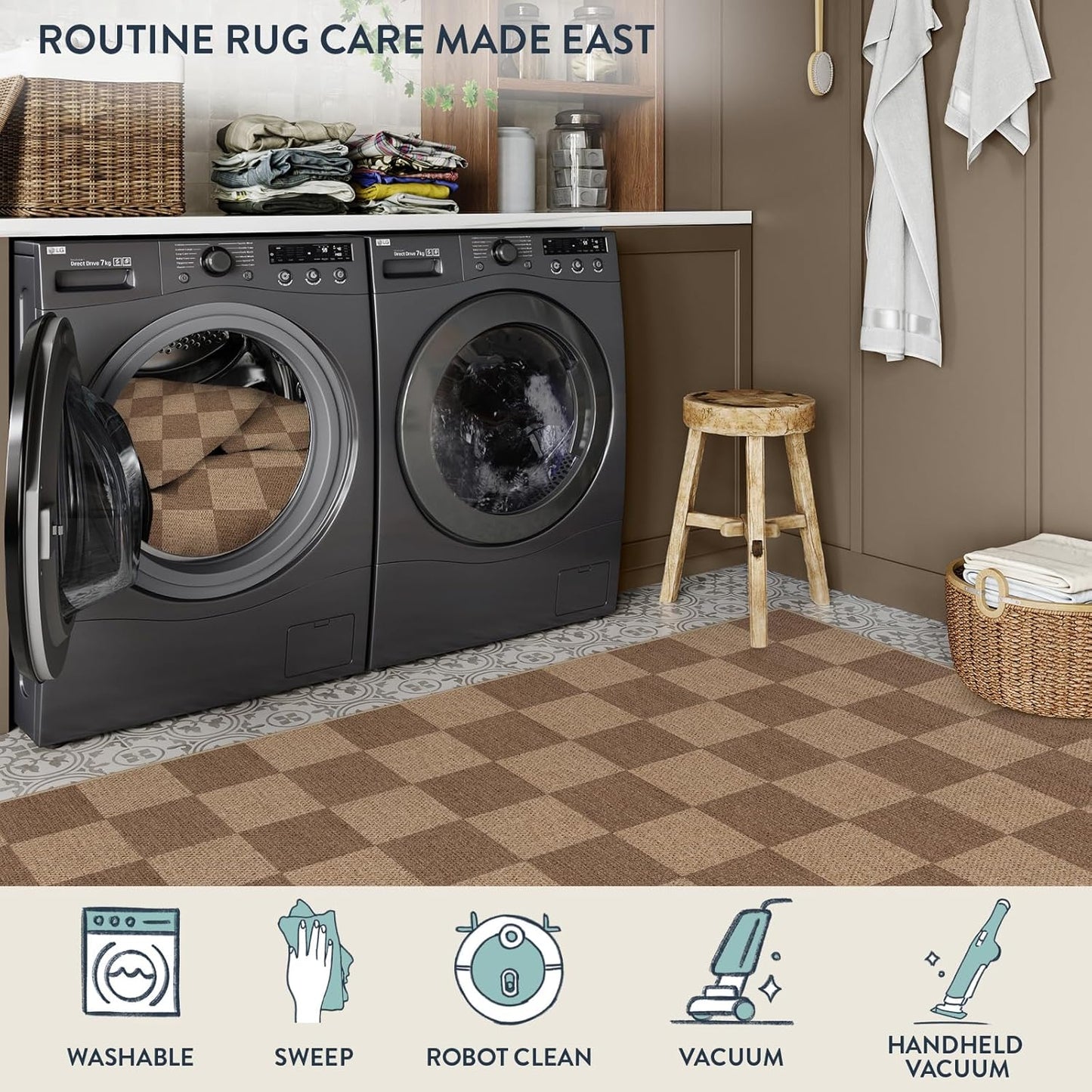 Lahome Checkered Easy Jute Kitchen Runner, 2x8 Washable Indoor Outdoor Runner Rug, Checkerboard Non Slip Non Shedding Neutral Carpet for Hallway Entryway Foyer