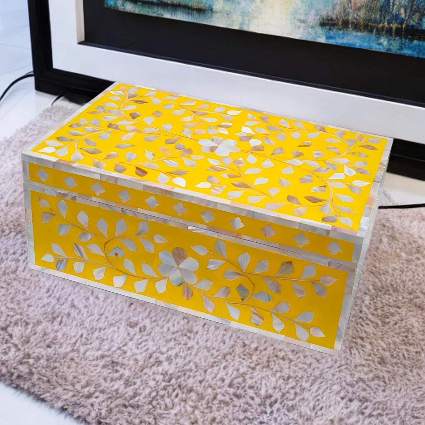 Decorative Storage Box Of Mother Of Pearl Inlay Floral Design Wooden Storage Box For Home Decoration For Living Dining & Bedroom (Yellow_9x6x3.5 inch)