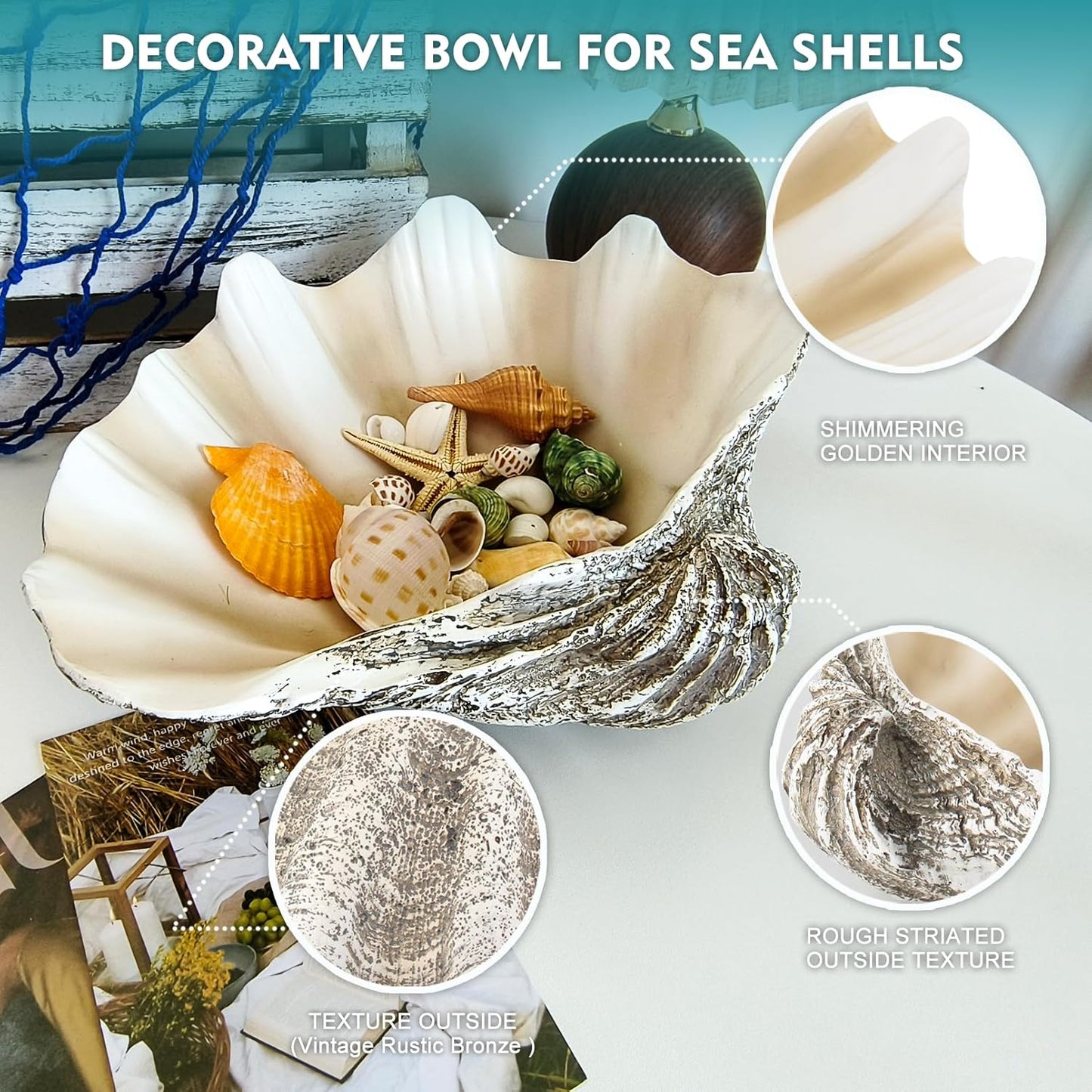 Large Mud Gray Clam Shells Decorative Bowl,Weathered style ClamShell Bowl Beach Decorations for Home Coastal Beach Decor Decoration Storage Bowls & Home Office Nautical Themed Party Decor -10.2"-1PC
