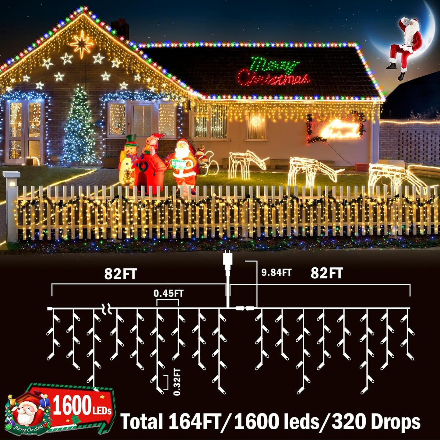 KNONEW 164FT 1600 LED Christmas Lights Outdoor Decoration with 320 Drops Timer 8 Modes Hanging Lights Plug in Waterproof Indoor Decor for Holiday Wedding Party Window (Warm White)