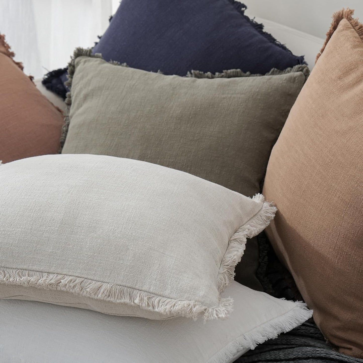 Foindtower Set of 2 Decorative Linen Fringe Throw Pillow Covers Cozy Boho Farmhouse Cushion Cover with Tassels Soft Accent Pillowcase for Couch Sofa Bed Living Room Home Decor, 24×24 Inch, Beige