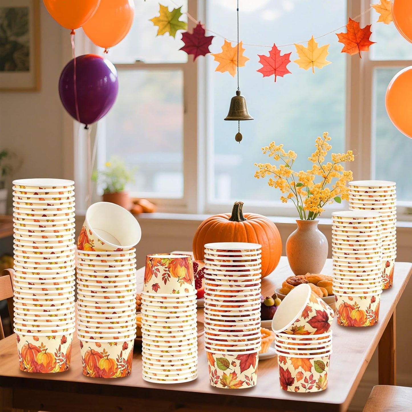 Grencian 120 PCS Fall Paper Cups 12 oz Maple Leaves Pumpkin Snack Bowls Disposable Autumn Thanksgiving Dessert Cups for Fall Thanksgiving Halloween Harvest Party Snacks Candies Party Supplies