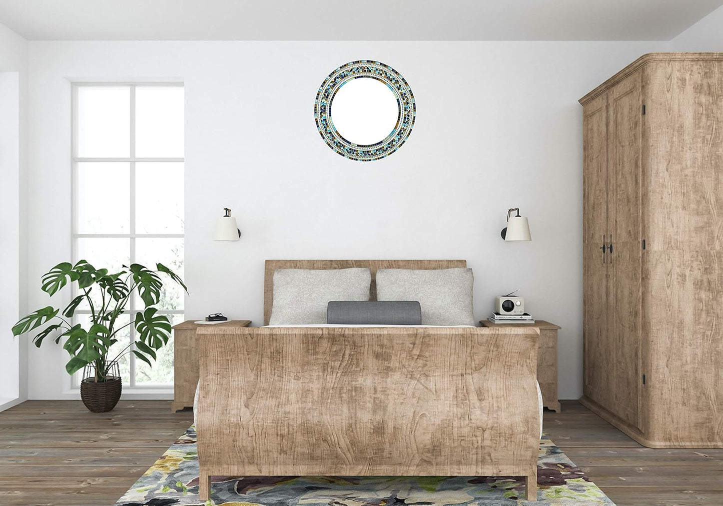 Mosaic Mirror, Wall Art Décor – Handcrafted Decorative Wall Mirror, Light and Navy Blue, Brown, Gray, and Black Round Mosaic