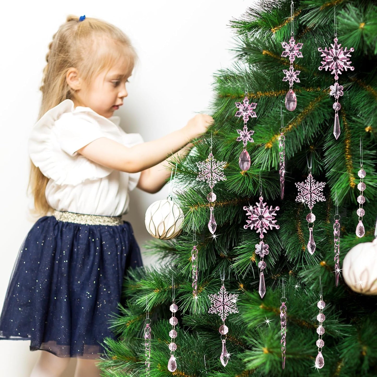 18pcs Crystal Christmas Ornaments for Christmas Tree Decorations-Pink Hanging Acrylic Snowflake and Icicle Ornaments with Drop Pendants for New Year Party Decorations Supplies