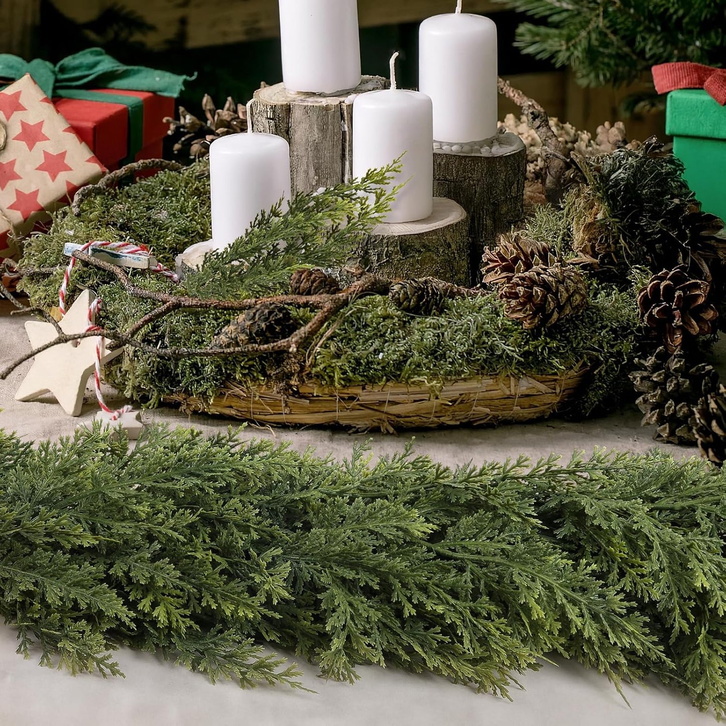 9ft Christmas Cedar Garland with Soft Thickness Pine, Artificial Green Faux Cedar Pine Garland for Mantle Fireplace Indoor Outdoor Holiday Party Home Decoration(2 Pcs)