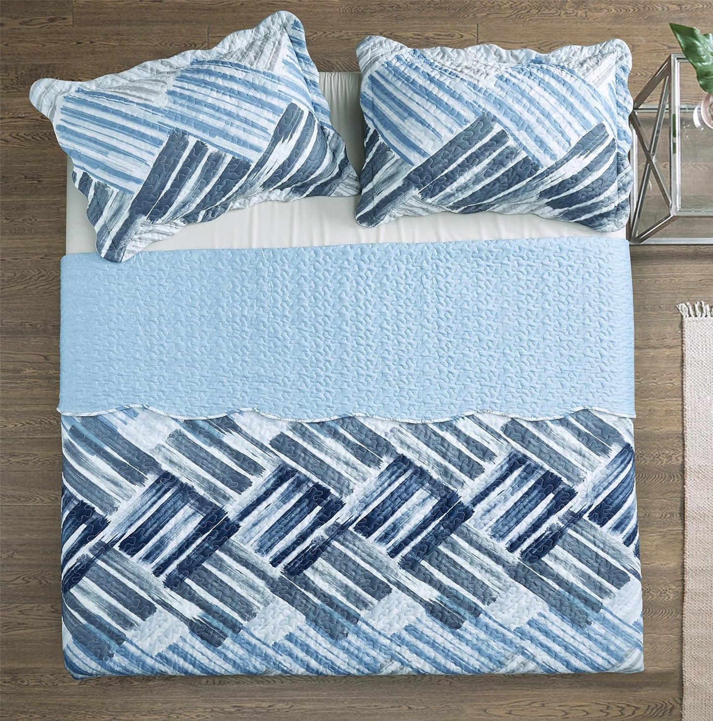 Brilliant Sunshine Blue and Grey Stripe Blocks Patchwork, 3-Piece Quilt Set with 2 Shams, Reversible Bedspread, Soft Lightweight Coverlet, All-Season, King, Blue Grey